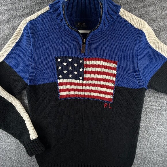 Polo Ralph Lauren Boys Pullover 1/4 Zip Flag Sweater XL 18-20 Cotton Wool Blend